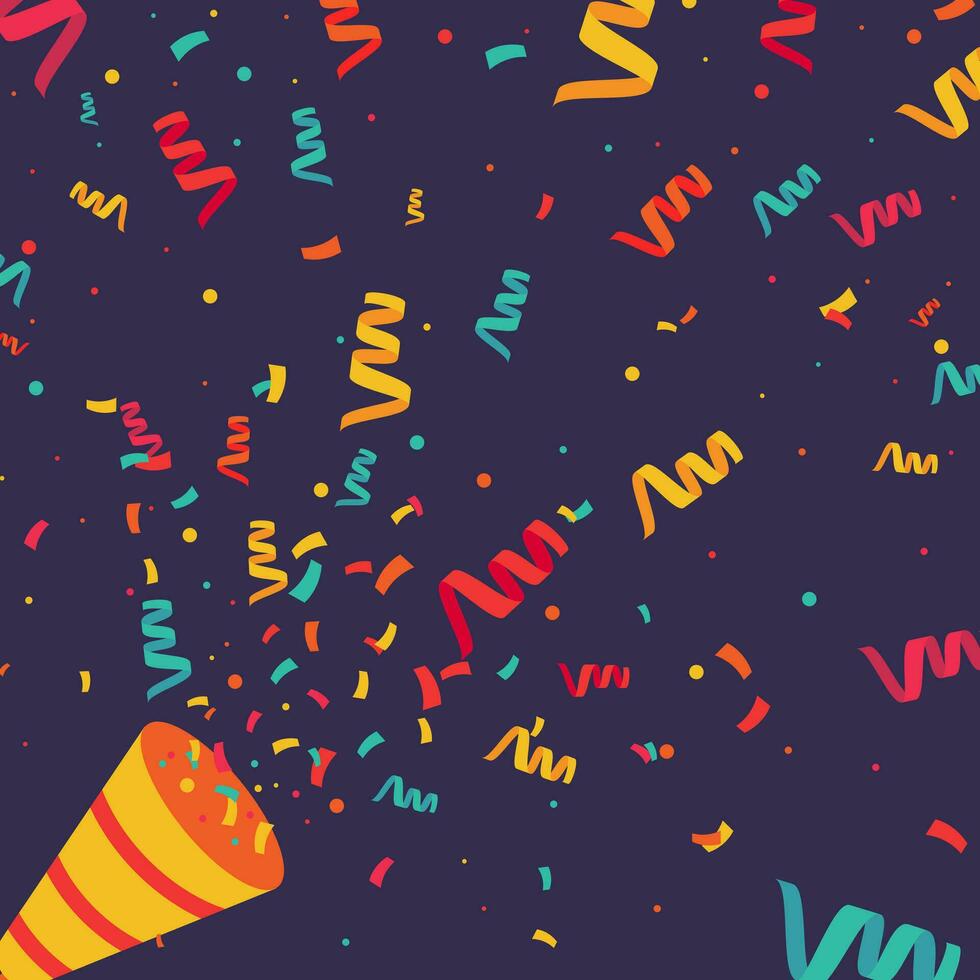 farbig Konfetti und Feuerwerkskörper Party Popper, Vektor festlich Geburtstag Festival Banner Vorlage, festlich Dekorationen und Überraschungen