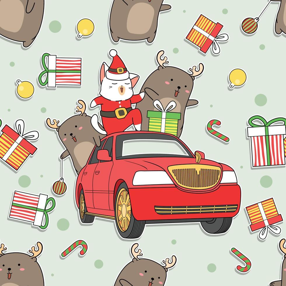 sömlösa mönster jultomten katt på bilen vektor