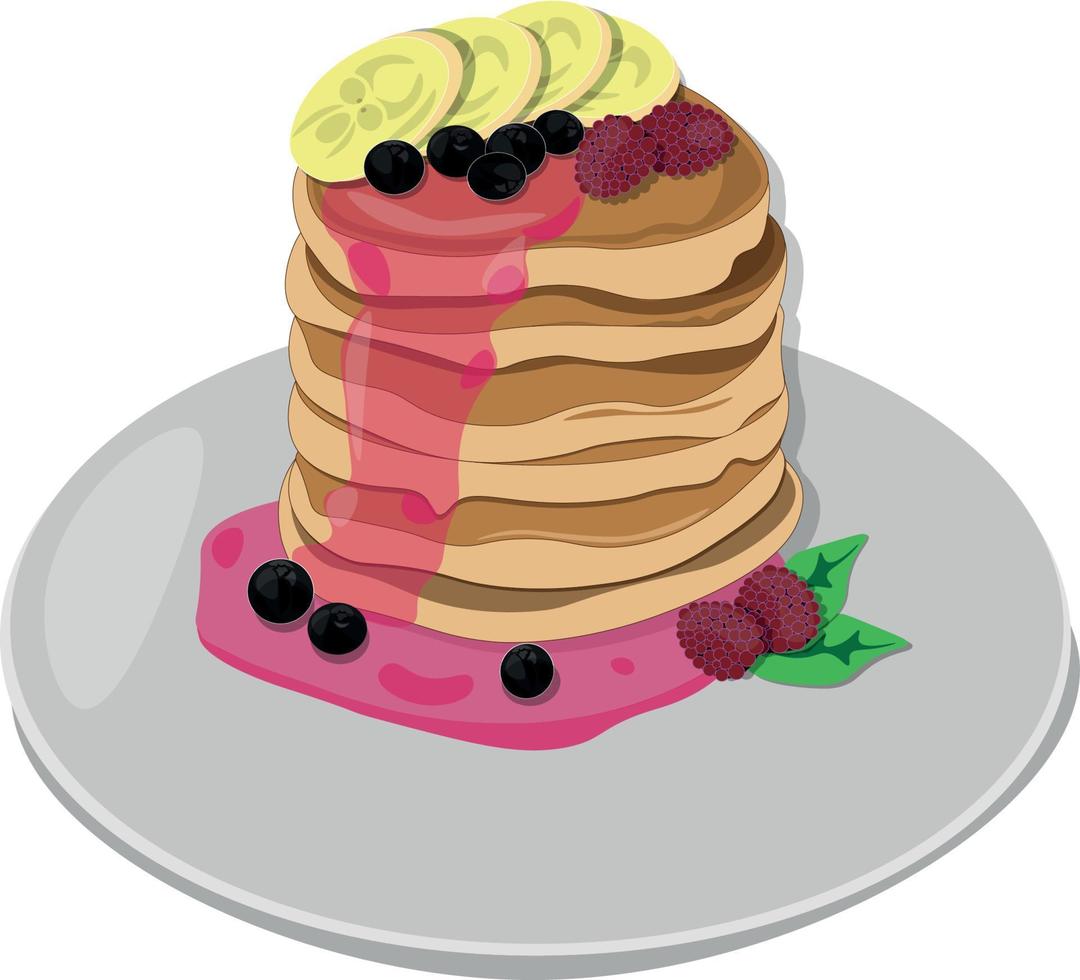 Pfannkuchen mit Bananen und Beeren auf dem Tisch. Frühstück. Vektor-Illustration vektor