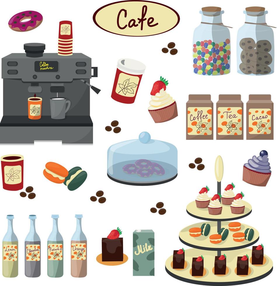 uppsättning artiklar för ett kafé. godis och kaffemaskin. vektor illustration