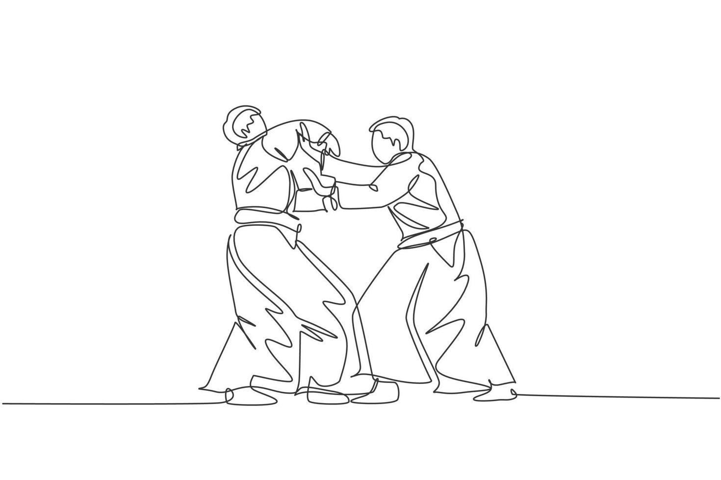 enda kontinuerlig linje ritning av två unga sportiga man bär kimono öva aikido slåss teknik i dojo center. japansk kampsport koncept. trendig en linje rita design vektor illustration