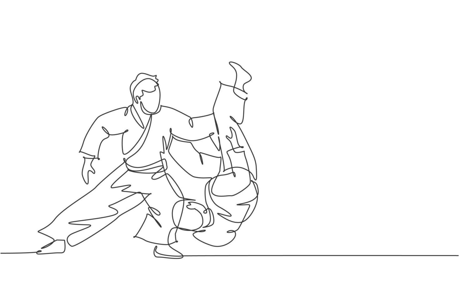 enda kontinuerlig linje ritning av två unga sportiga män som bär kimono övar throeing i aikido slåss teknik. japansk kampsport koncept. trendig en linje rita design vektor illustration