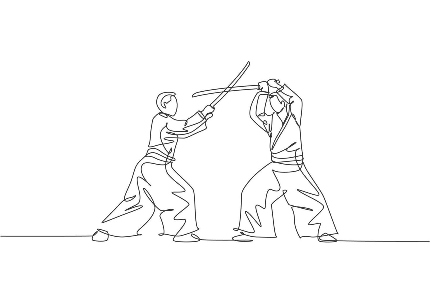 en kontinuerlig linje ritning av ung man aikido fighter övning med träsvärd på dojo träningscenter. kampsport kampsport koncept. dynamisk enkel linje rita design vektor illustration