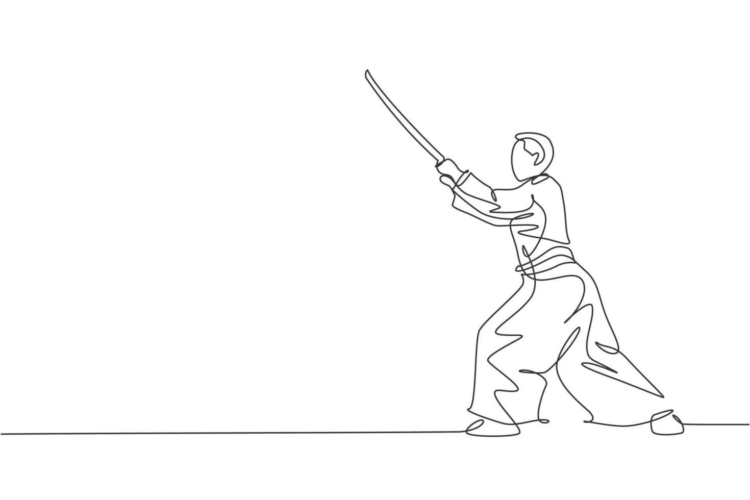 enda kontinuerlig linje ritning av ung sportig man bär kimono öva aikido med trä svärd slåss teknik. japansk kampsport koncept. trendig en linje rita design vektor illustration