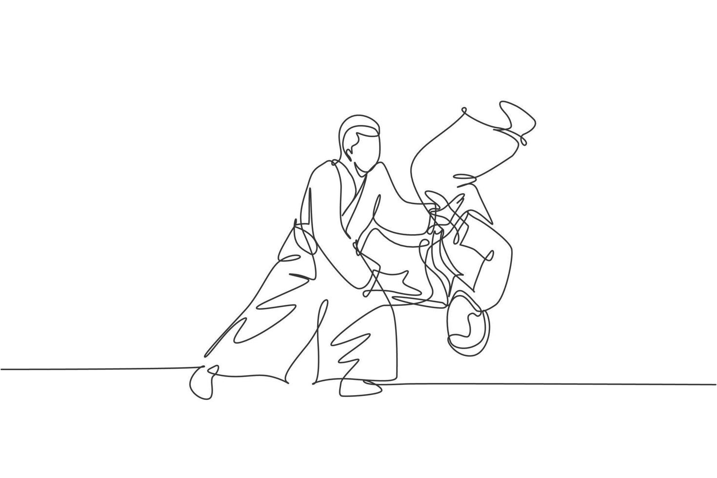 enda kontinuerlig linjeteckning av ung sportig man som bär kimonoövning att kasta fienden i aikidokampteknik. japansk kampsport koncept. trendig en linje rita design vektor illustration