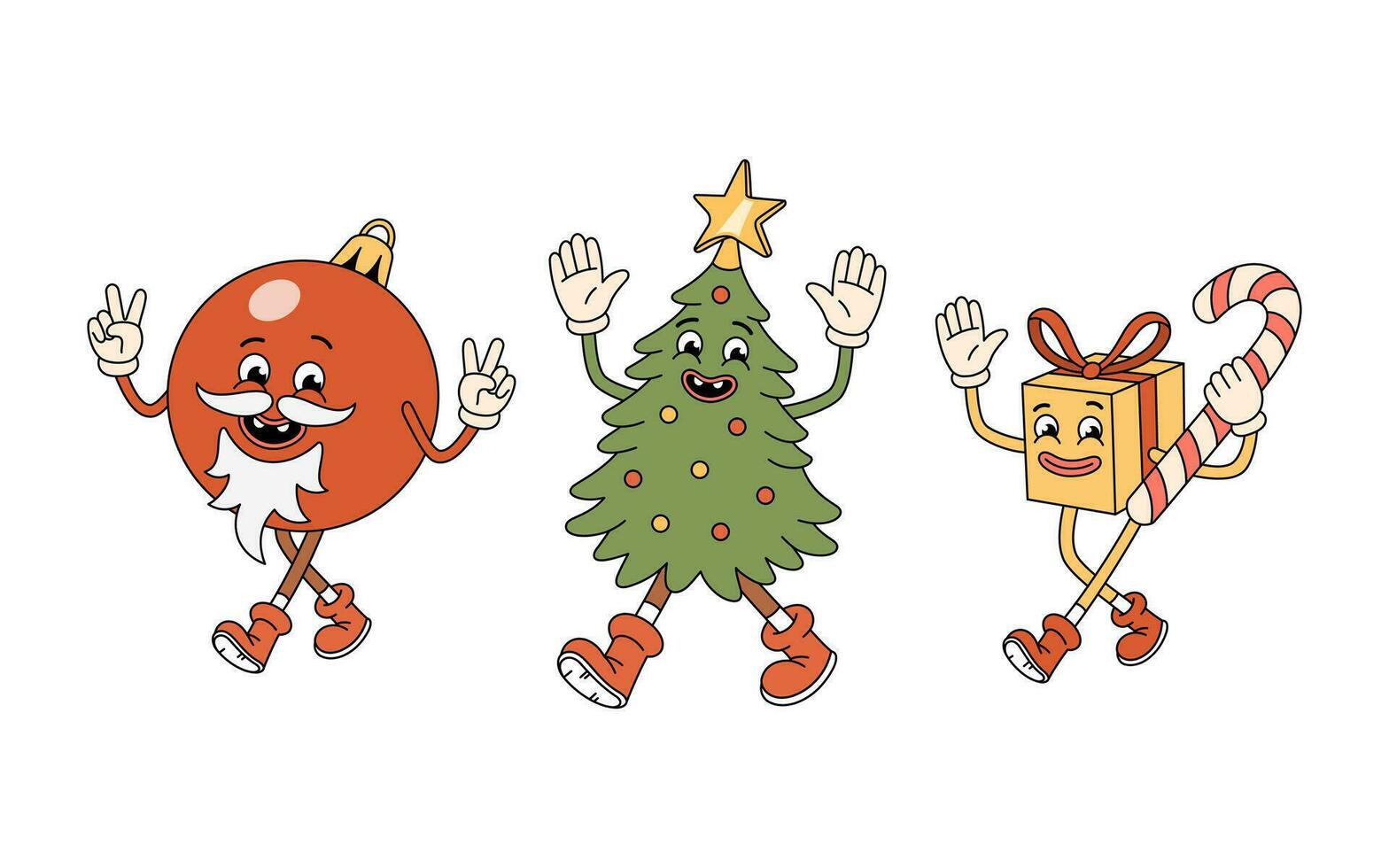 häftig jul tecken - träd, gåva låda med godis sockerrör, röd boll leksak med vit skägg. häftig jul träd karaktär. retro häftig tecknad serie tecken i klotter stil. vektor illustration.