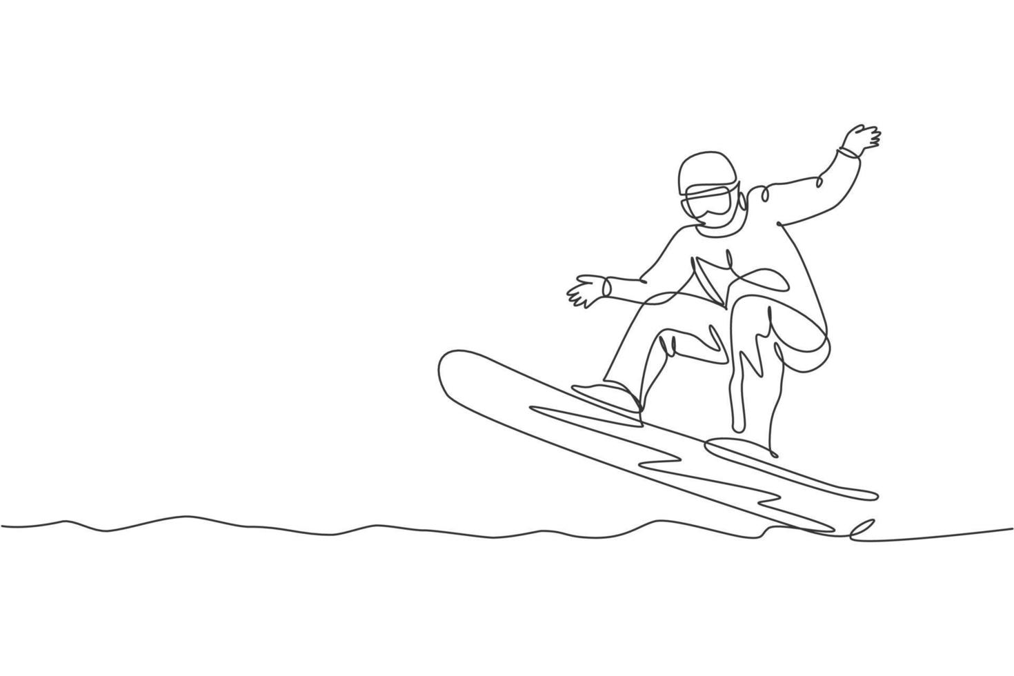enda kontinuerlig linje ritning ung sportig snowboardåkare man som rider snowboard snabbt på berget. extremsport utomhus. vinter semester koncept. trendig enradig design grafisk vektorillustration vektor