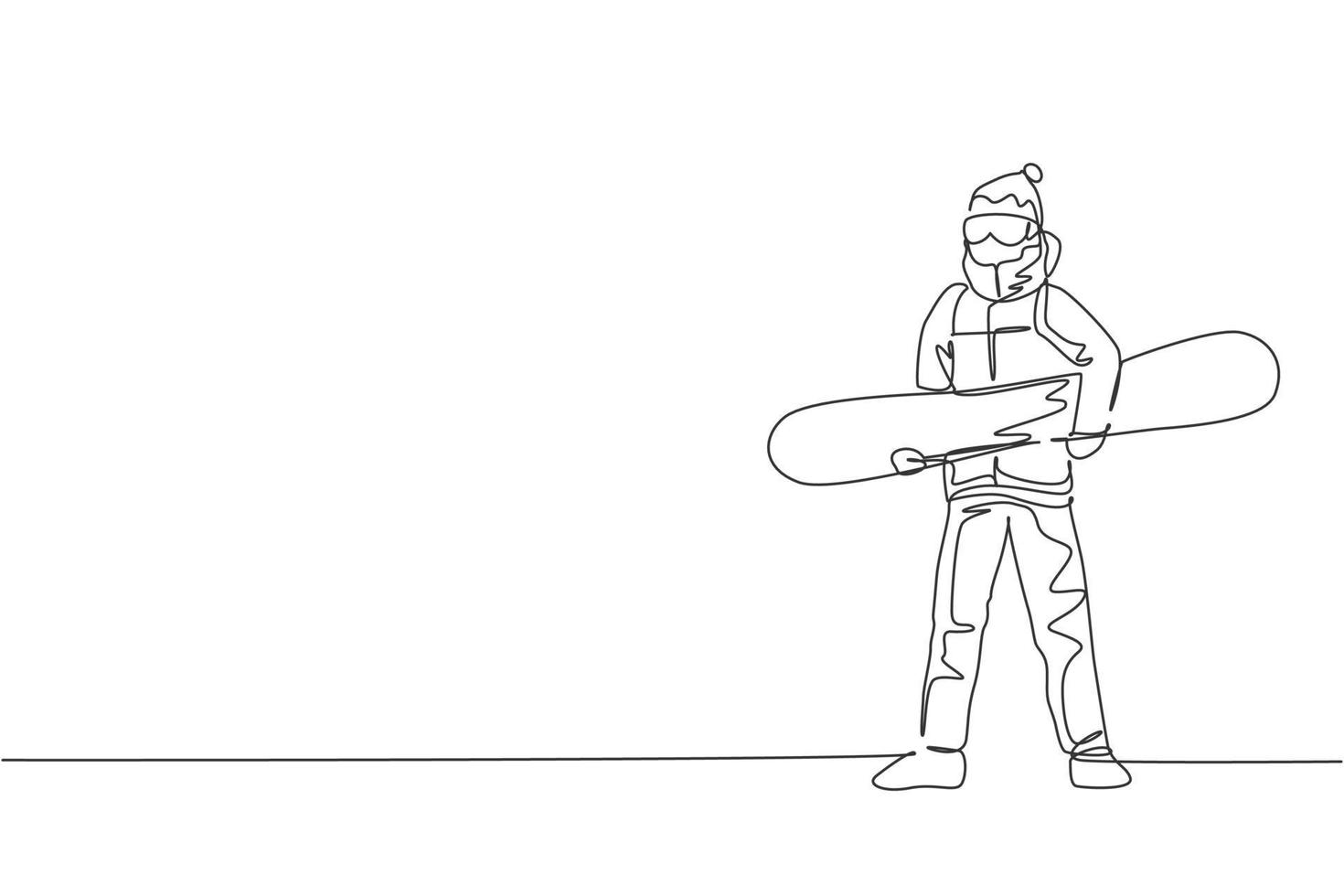 en kontinuerlig linje ritning av ung sportig man snowboardåkare som håller snowboard i alperna snöiga pulverberget. vinter livsstil sport koncept. dynamisk enkel linje rita design vektor grafisk illustration
