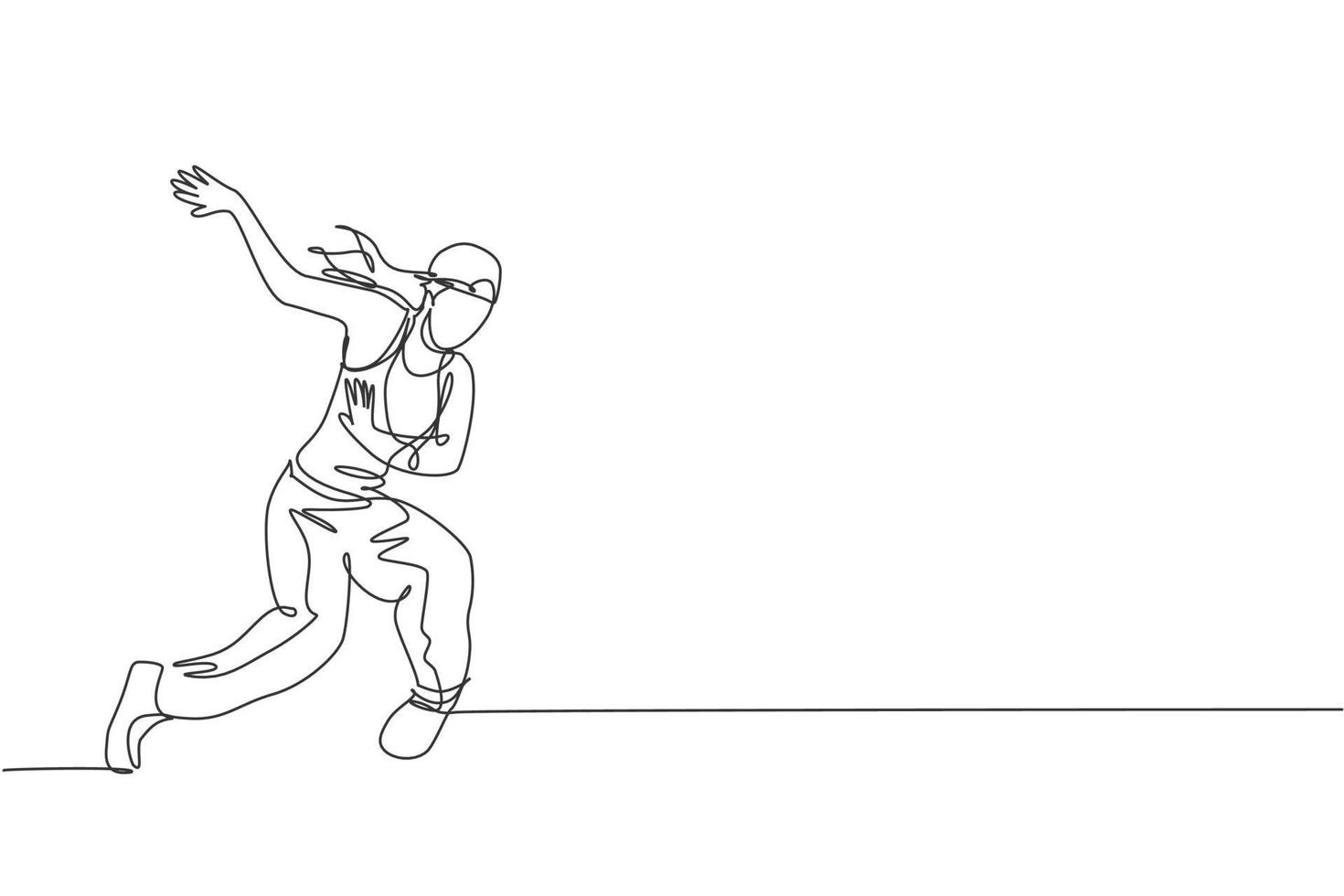 en kontinuerlig linje ritning ung sportig paus dansare kvinna med hatt visa hiphop dans stil på gatan. urban livsstil sport koncept. dynamisk enkel linje rita design vektor grafisk illustration