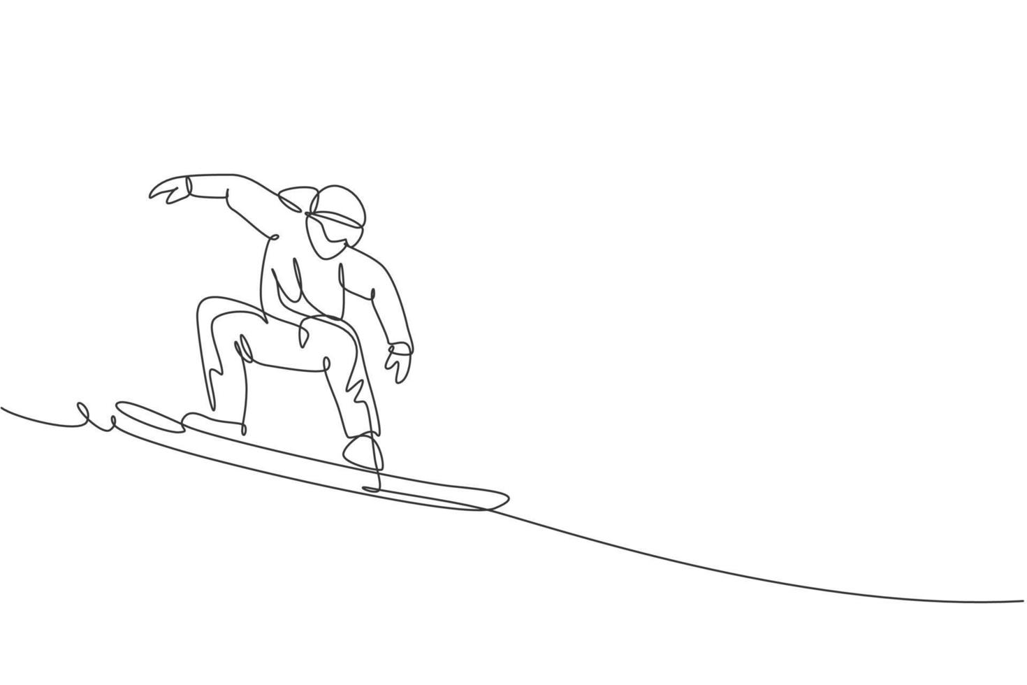 einzelne durchgehende Strichzeichnung eines jungen sportlichen Snowboardermannes, der Snowboard am Berg reitet. Extremsport im Freien. Wintersaison-Ferienkonzept. trendige einzeilige design-vektorillustration vektor