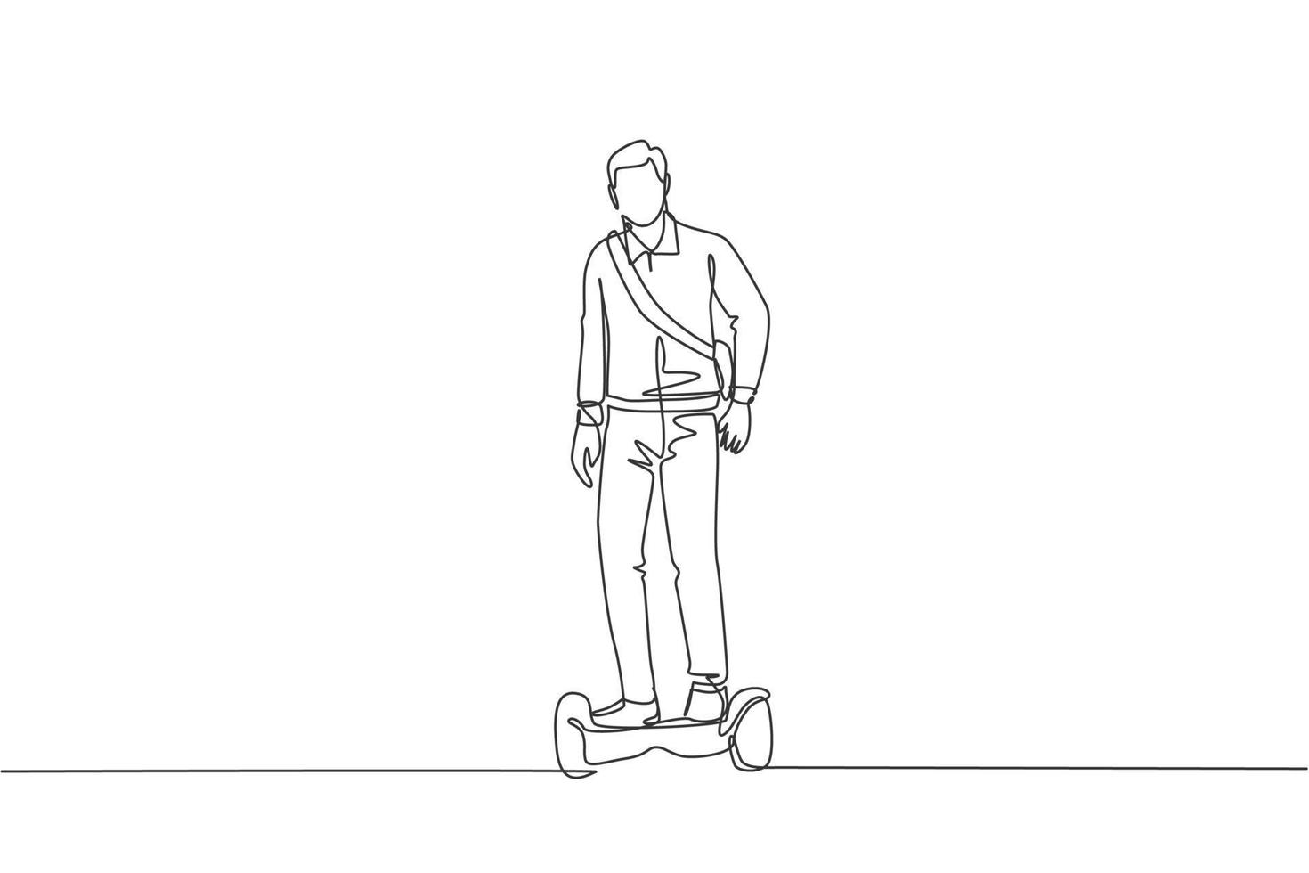 en kontinuerlig linje ritning av ung glad arbetare man stå och åka hoverboard till kontoret. grön transport. framtida urban livsstilskoncept. dynamisk enkel linje rita design vektor illustration