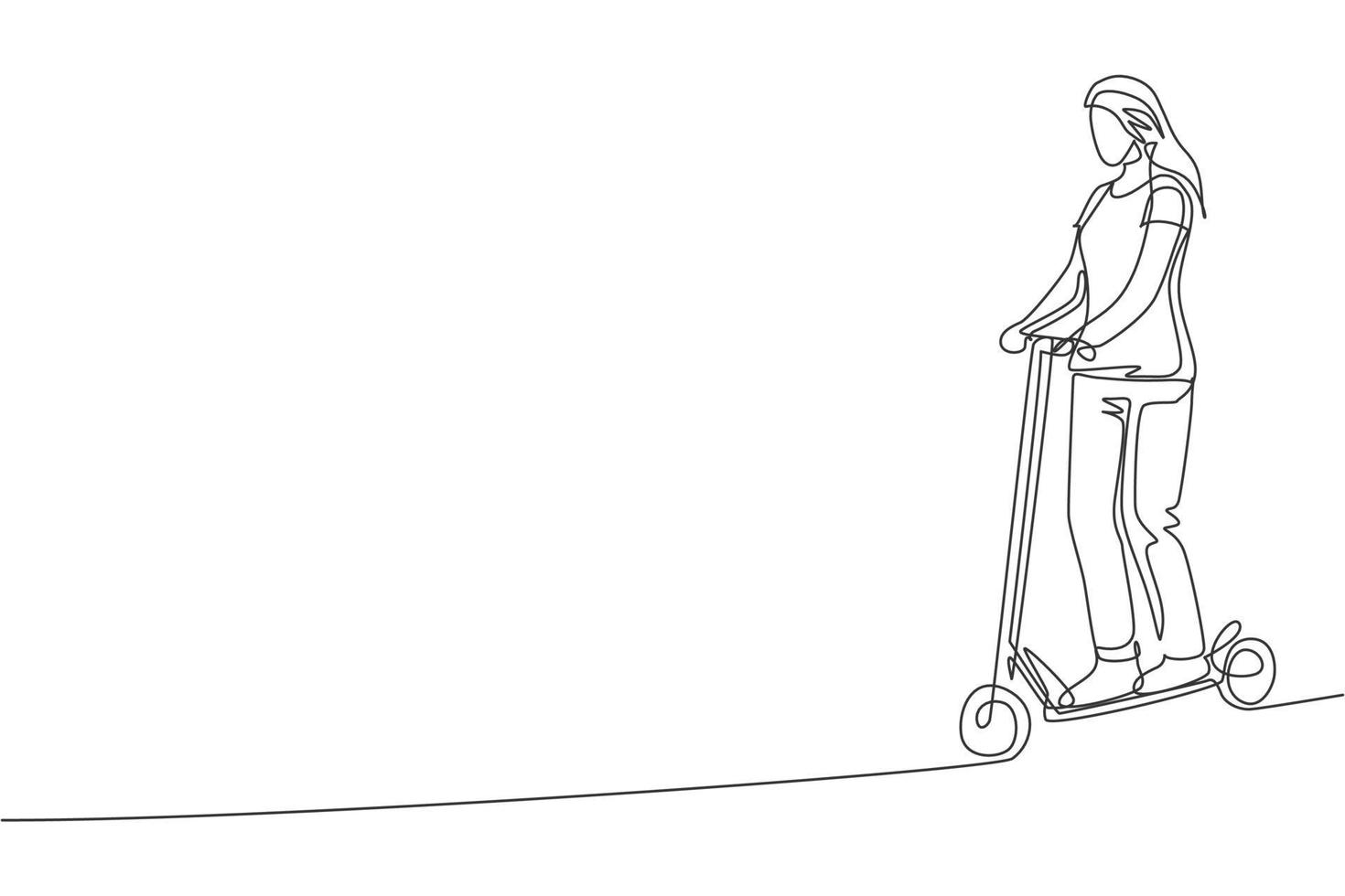 enda kontinuerlig linje ritning ung glad kvinna som rider elektrisk scooter på allmän plats. miljövänlig transport. urban livsstilskoncept. trendiga en linje rita grafisk design vektor illustration