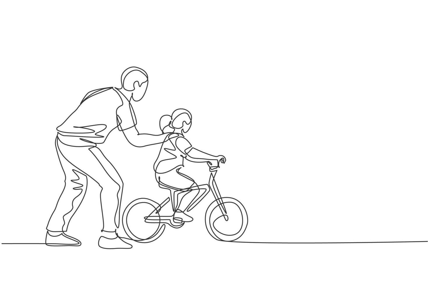en enda radritning ung far som undervisar sin dotter på cykel i offentlig park vektorgrafisk illustration. faderskapslektion. urbana familjetid koncept. modern kontinuerlig linje rita design vektor