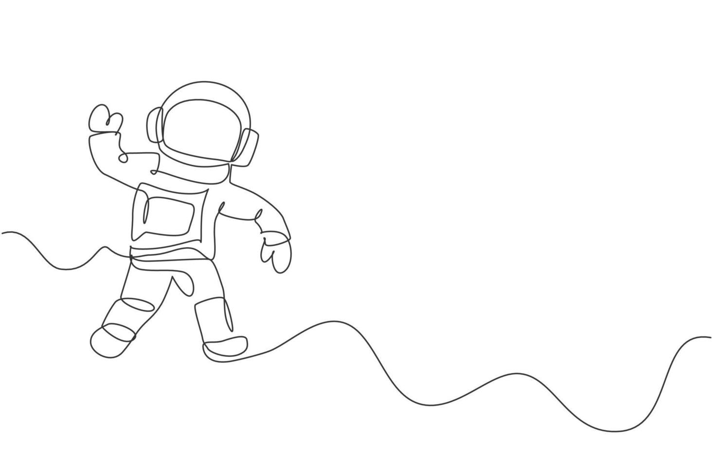 en kontinuerlig linjeteckning av ung astronautforskare som utforskar rymden i retrostil. rymdman kosmos upptäckt koncept. dynamisk enkel linje rita design grafisk vektor illustration