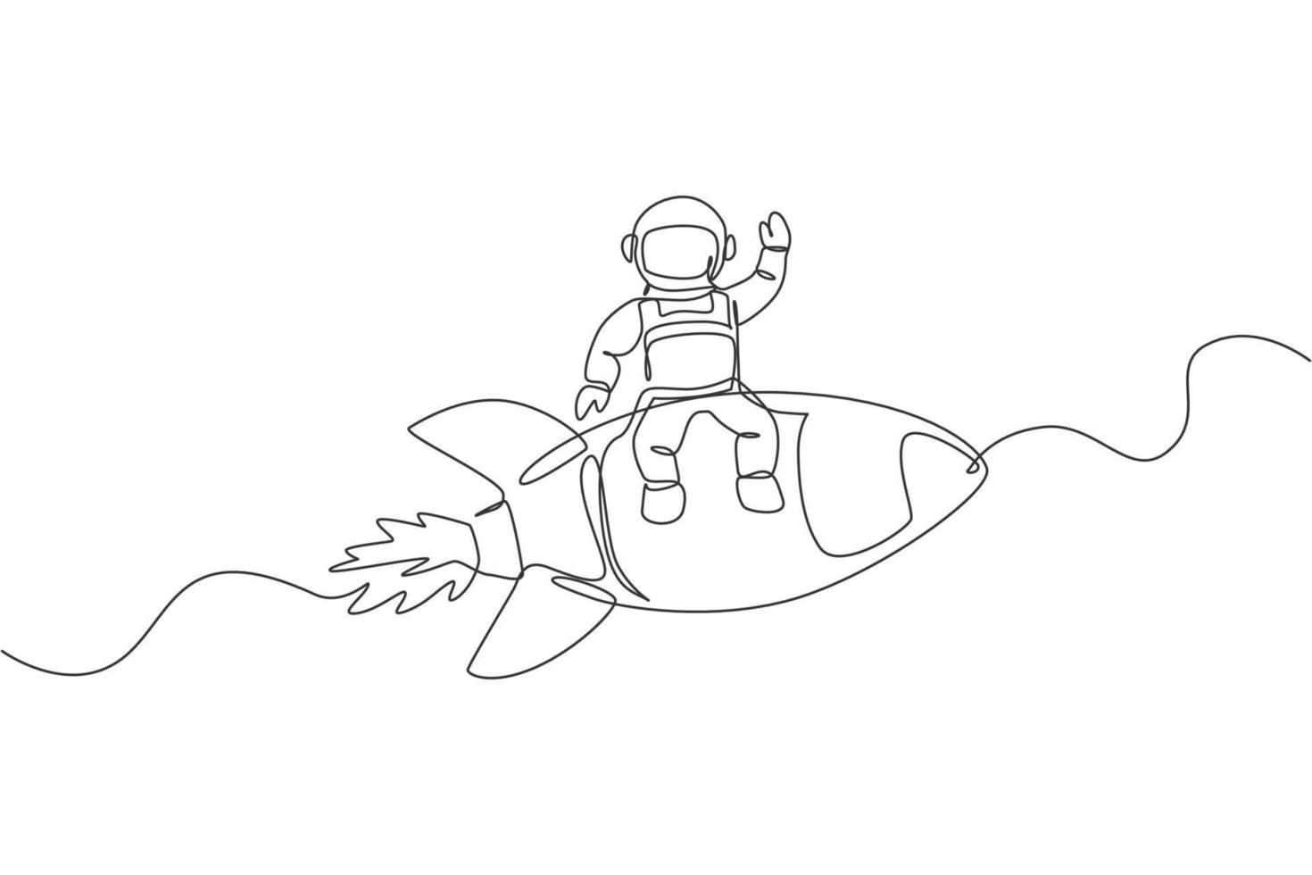 en kontinuerlig linje ritning av rymdmannen astronaut viftande hand och sitta på flygande raket. kosmonaut utforskning av yttre rymden koncept. dynamisk enkel linje rita grafisk design vektor illustration