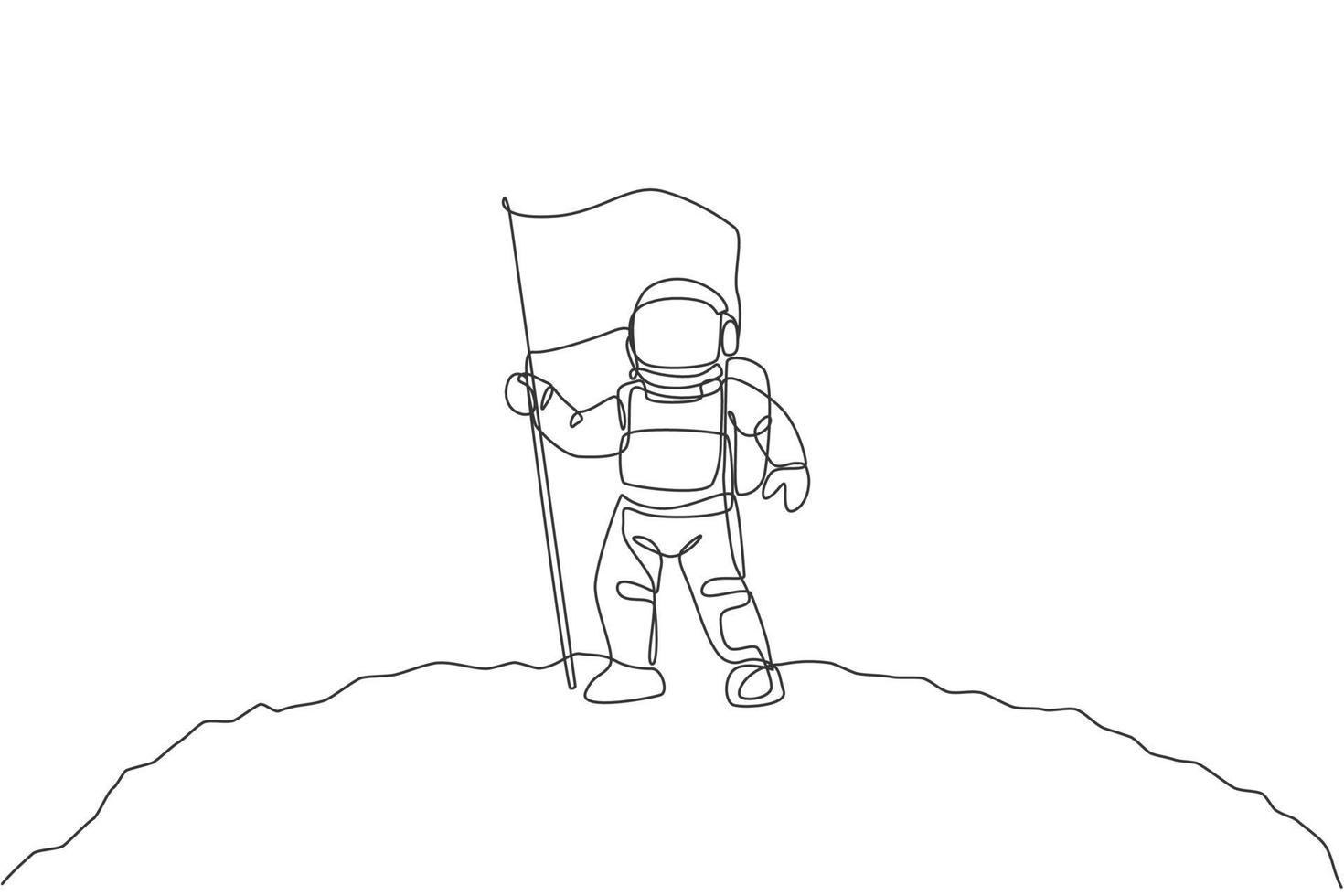 Eine einzige Strichzeichnung des Weltraummann-Astronauten, der die Mondoberfläche erforscht und die Flagge pflanzt, um sie als Vektorgrafik zu markieren. Fantasy-Weltraum-Life-Fiction-Konzept. modernes Design mit durchgehender Linienführung vektor