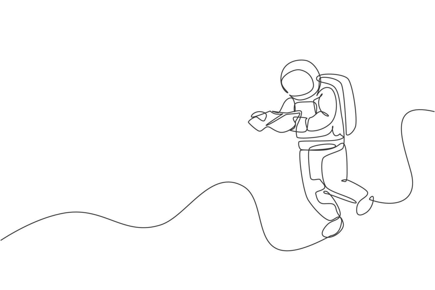 enda kontinuerlig linje ritning av flytande vetenskap astronaut i rymdpromenaden läsning utrymme karta. fantasi djuputforskning, fiktionskoncept. trendiga en linje rita grafisk design vektor illustration