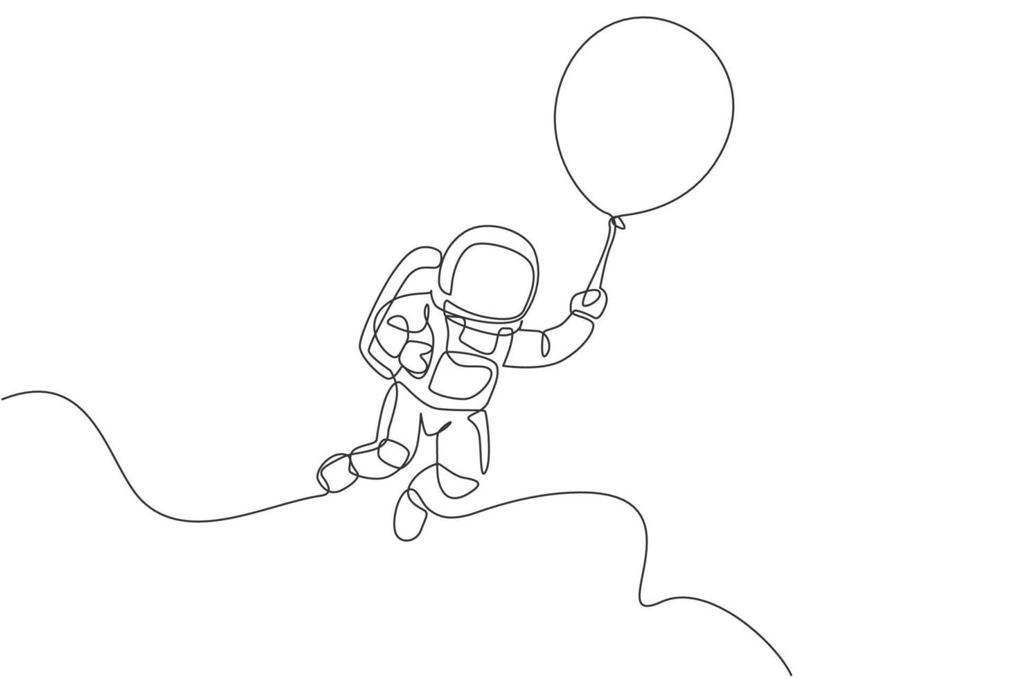 Eine einzige Strichzeichnung des Weltraummann-Astronauten, der die kosmische Galaxie erforscht und mit Ballonvektorgrafik-Illustration fliegt. Fantasy-Weltraum-Life-Fiction-Konzept. modernes Design mit durchgehender Linienführung vektor