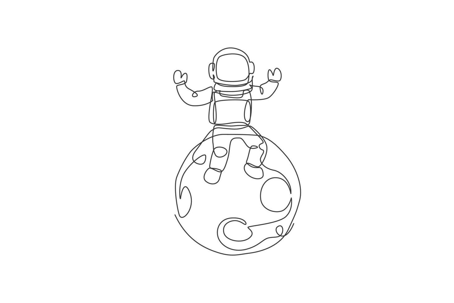 enda kontinuerlig linje ritning av flytande vetenskap astronaut i rymdpromenad och sitter på fullmåne. fantasi djuputforskning, fiktionskoncept. trendig en linje rita design vektor illustration