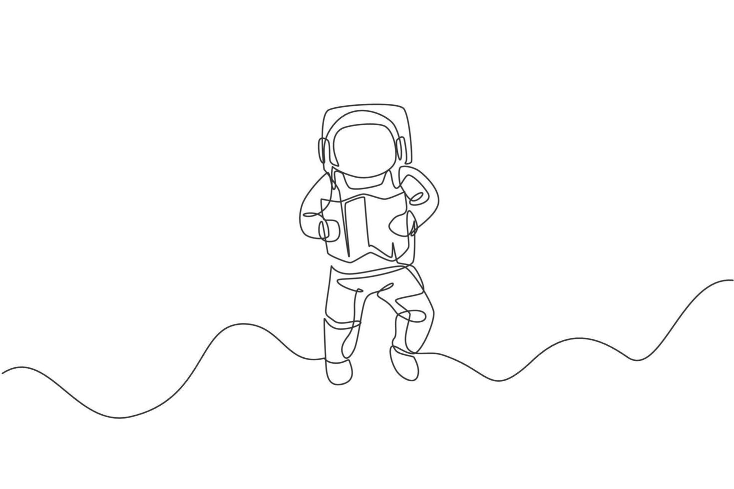 einzelne durchgehende Linienzeichnung schwimmender Wissenschaftsastronaut im Weltraumspaziergang Kartennavigator lesen. Fantasy Deep Space Exploration, Fiktionskonzept. trendige Grafik mit einer Linie zeichnen Design-Vektor-Illustration vektor