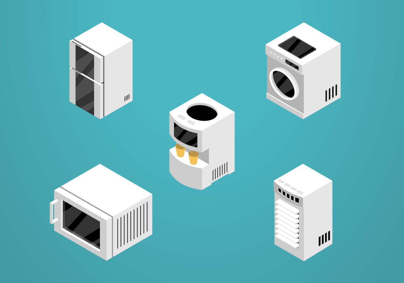 Set von isometrischem Icon-Design für elektronische. Kühlschrank, Mikrowelle, Waschmaschine, Luftkühler, Wasserfilter vektor