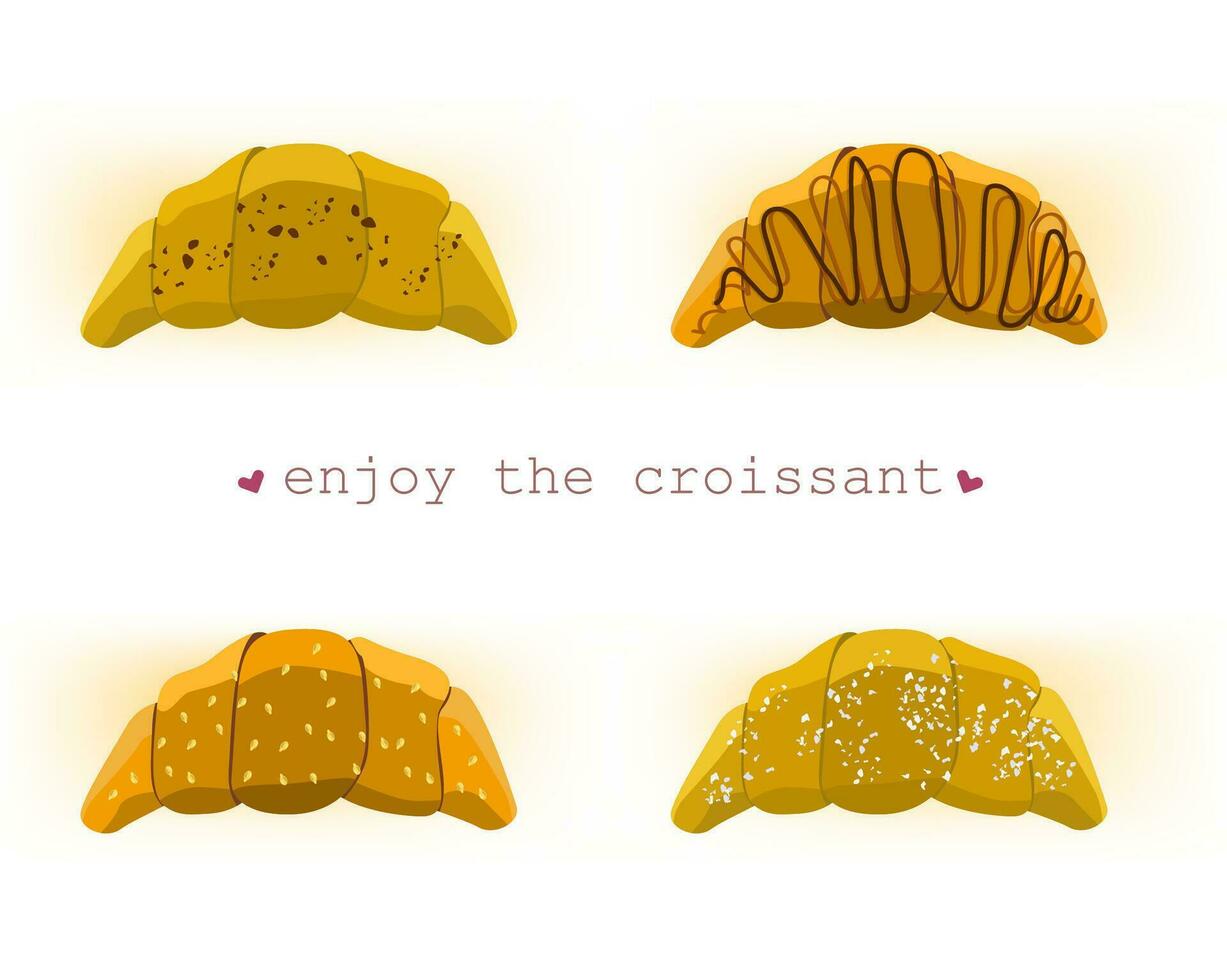 einstellen Vektor Illustration appetitlich Croissants auf Weiß Hintergrund. eben Kunst Stil Design zum Netz, Grundstück, Poster, Banner, Speisekarte, Aufkleber. Text genießen das Croissant mit Herzen