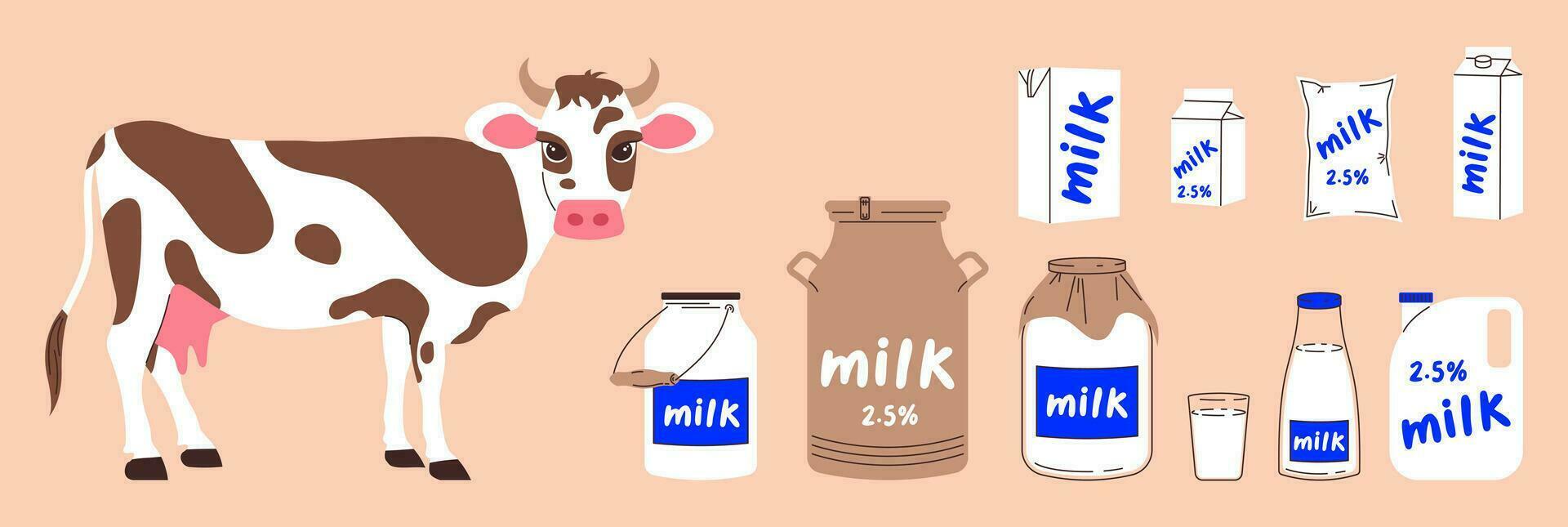 Vektor Clip Kunst auf das Thema von Molkerei Produkte. süß Kuh und anders Pakete von Milch, Dreiliter Krug, dürfen, Eimer, Glas, Kanister von Milch und andere Papier Verpackung zum Milch.