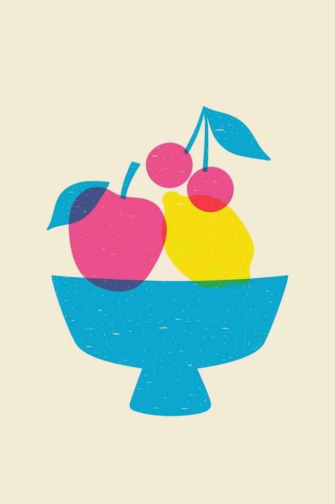 affisch med frukt i en skål i risograf stil. vektor grafik.