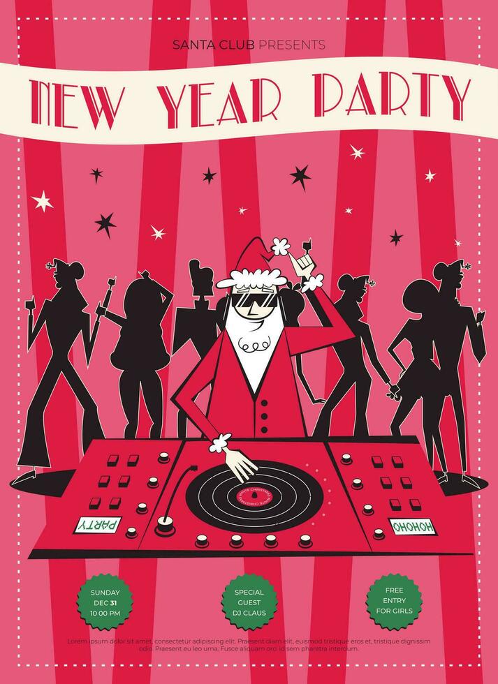 Nacht Verein retro Neu Jahr und Weihnachten Party Einladung. 60er Jahre - - 70er Jahre Stil Weihnachten Poster mit dj Santa claus und Tanzen Menschen im das Hintergrund. vektor