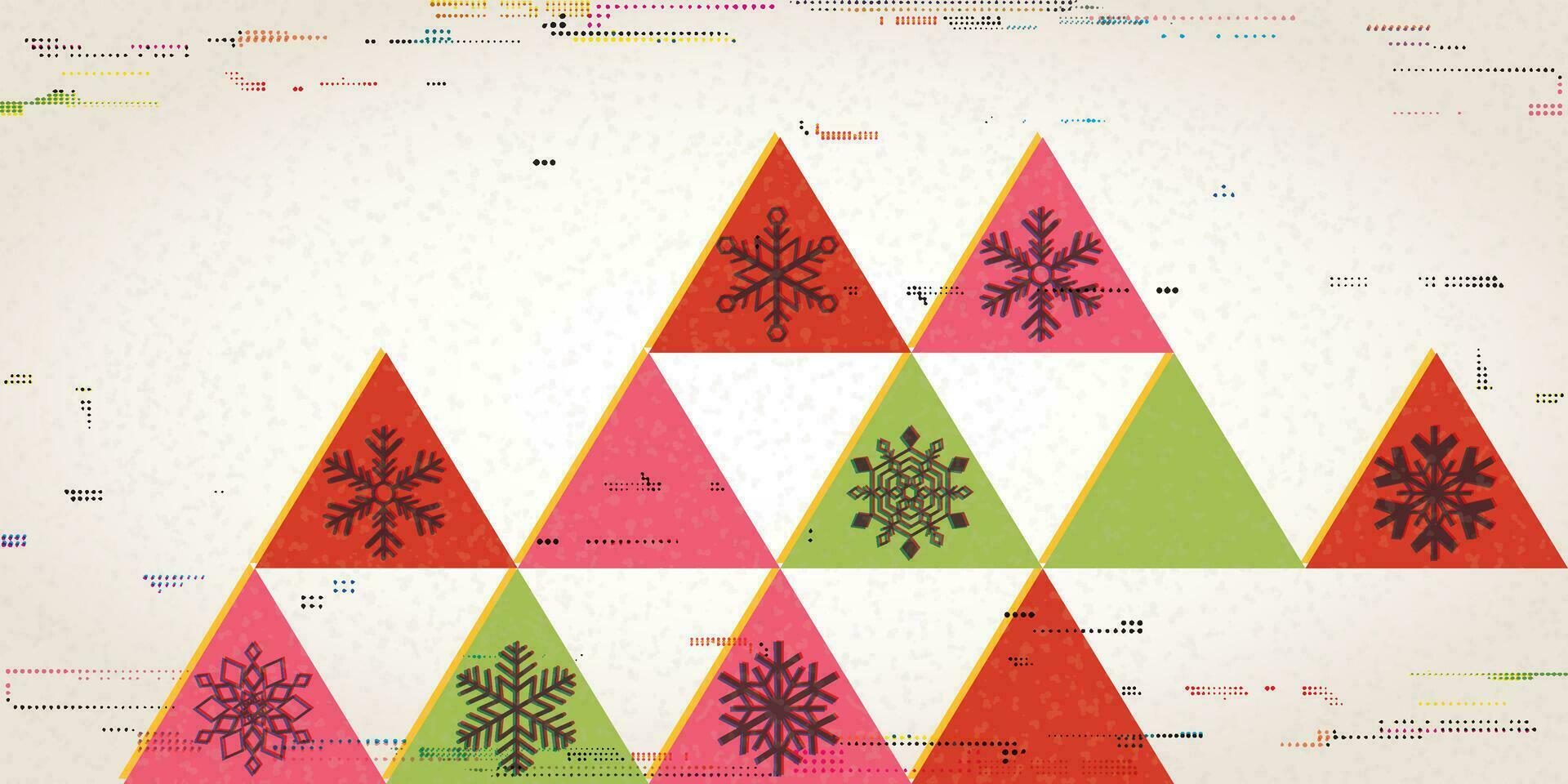 färgrik geometrisk form med snöflingor överlappning transparent med riso skriva ut effekt vektor illustration. glad jul hälsning kort årgång utskrift stil.