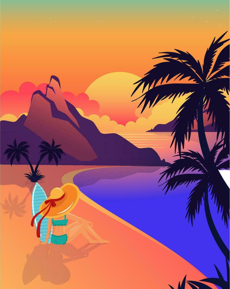 eben Illustration von Strand Surfer Mädchen, glücklich zu genießen Sonnenuntergang. Strand Panorama auf Sommer- Urlaub. vektor