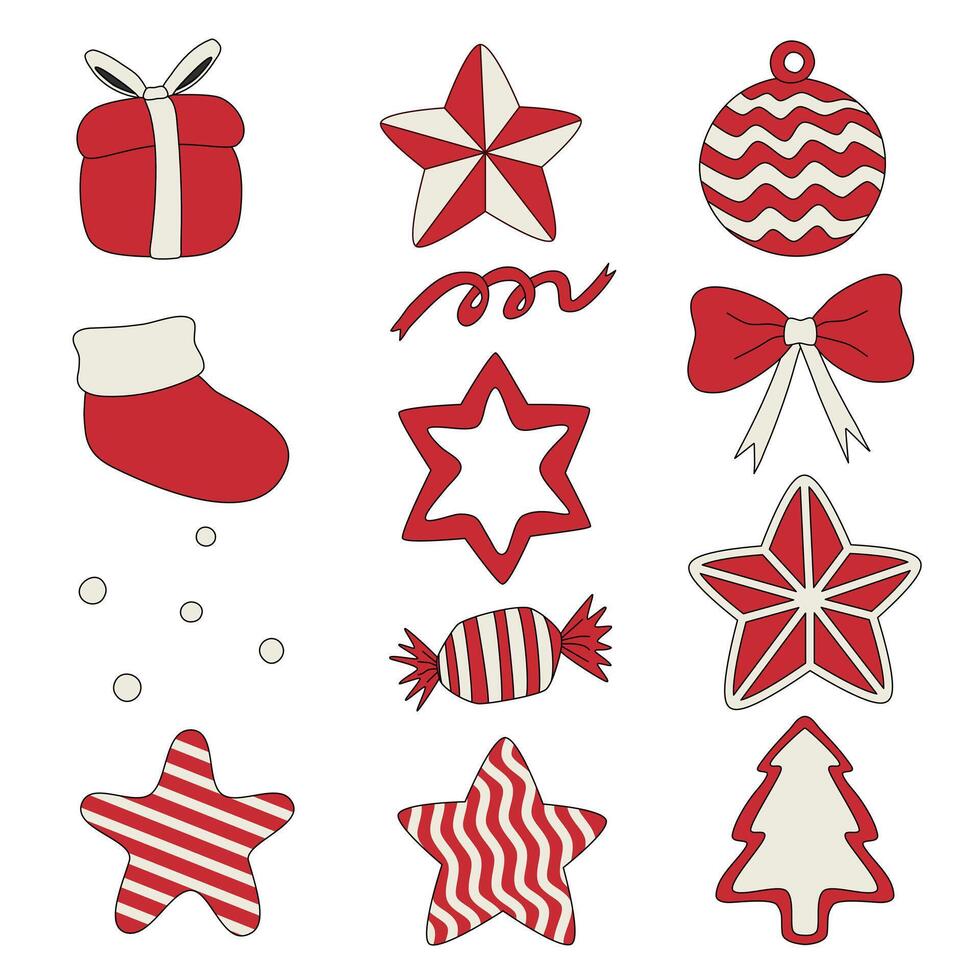 en uppsättning av ritad för hand jul vektor element i röd, och grädde Färg. inkludera stjärnor, strumpor, godis, en rosett, en xmas träd, en gåva låda, ett prydnad boll, och band i en minimal begrepp.