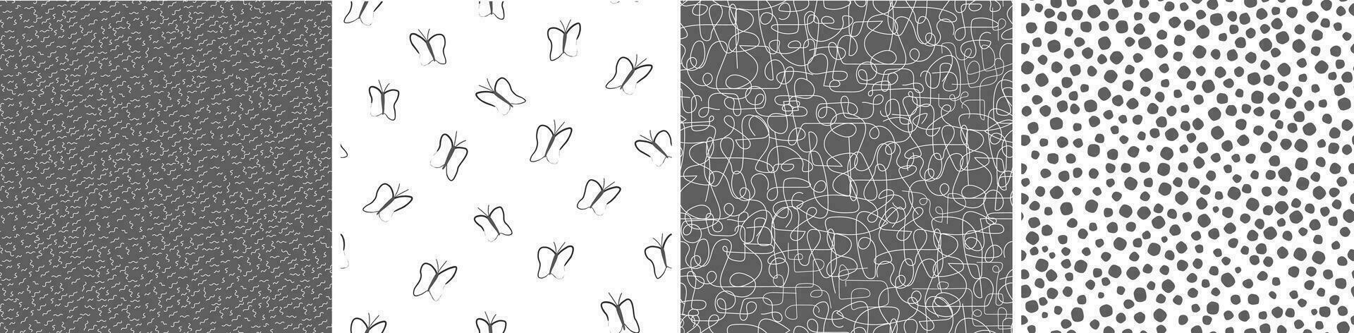 en uppsättning av sömlös mönster med kaotisk rader, prickar, geometrisk former, silhuetter av fjärilar. enkel abstrakt skriva ut. vektor grafik.