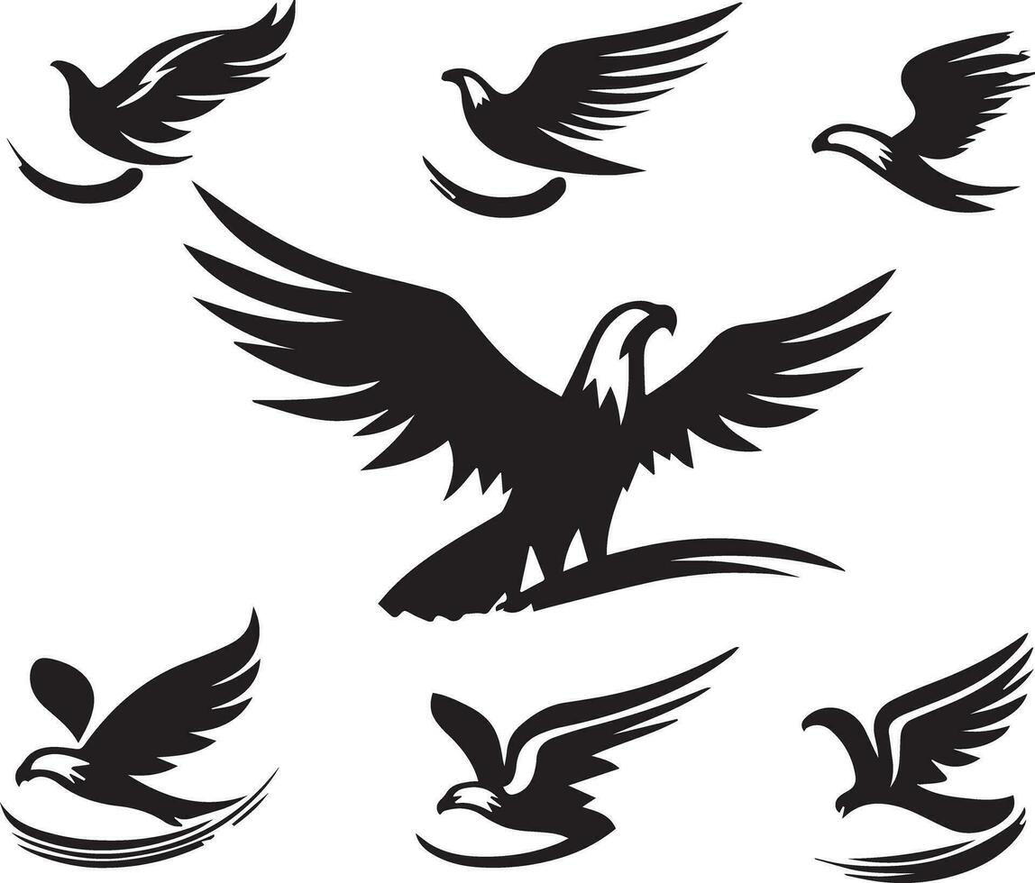 schwarz Silhouette solide Vektor einstellen von Symbole wie, Adler, Vogel, Falke, Falke, Drachen Falke, Adler Emblem und damit An.