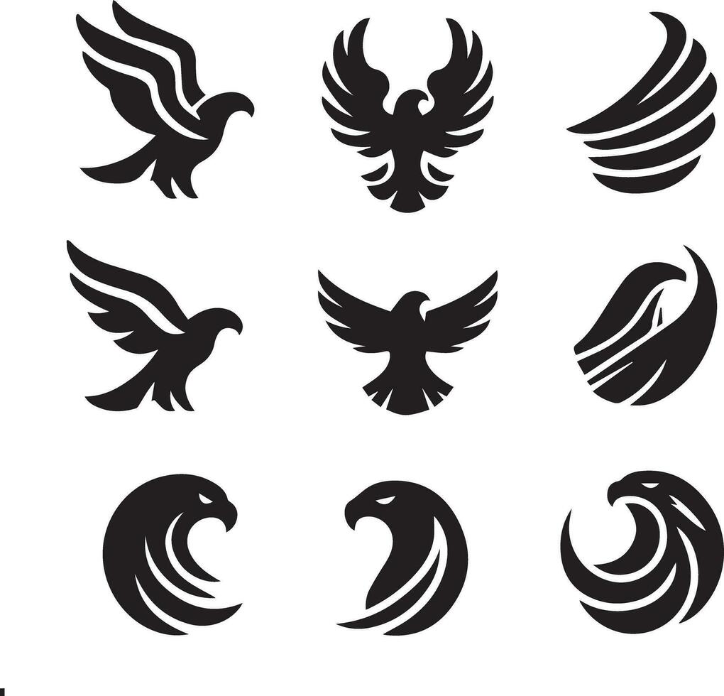 schwarz Silhouette solide Vektor einstellen von Symbole wie, Adler, Vogel, Falke, Falke, Drachen Falke, Adler Emblem und damit An.