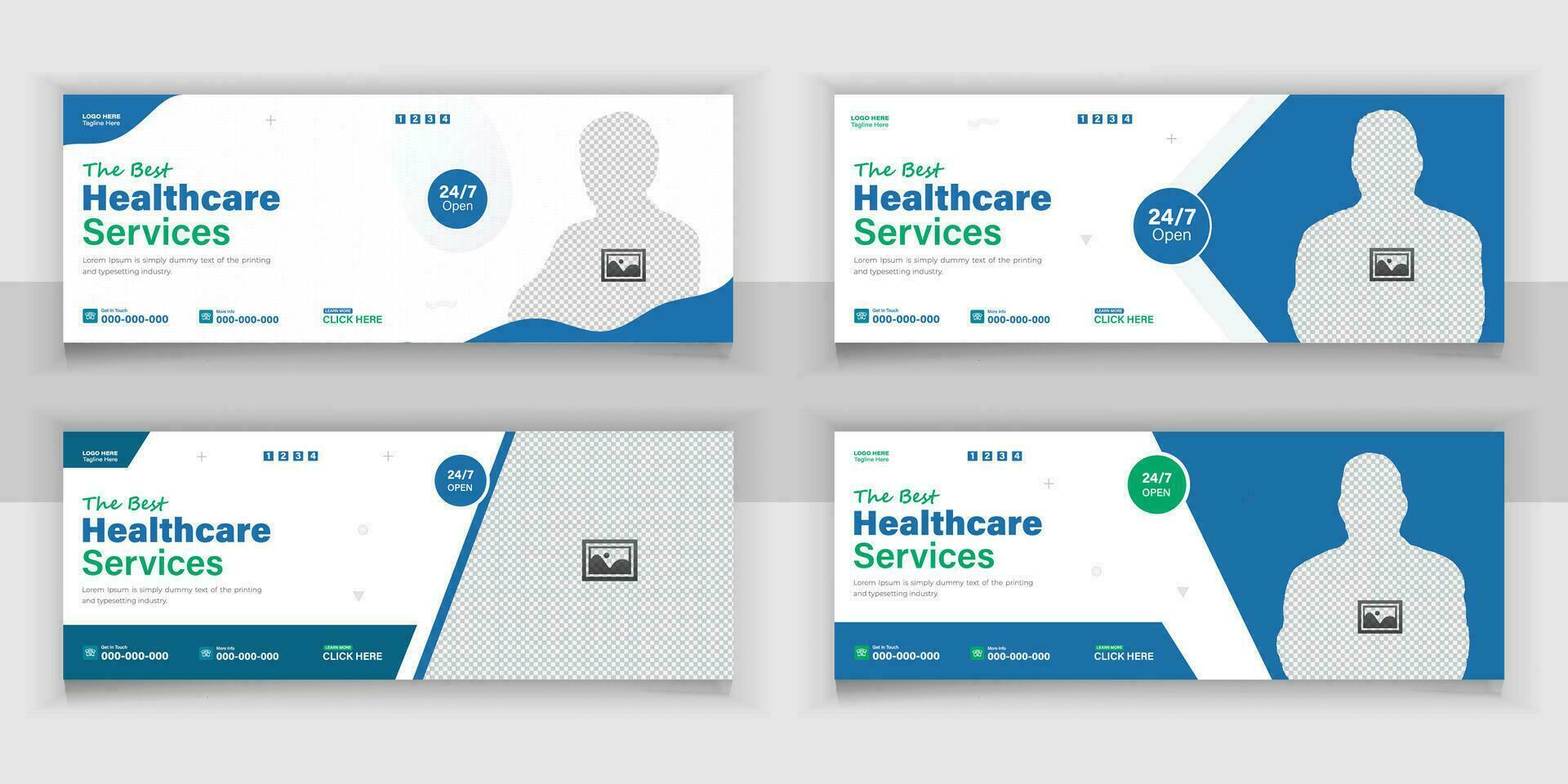 bunt medicinsk sjukvård, webb baner omslag design, mall design för social media inlägg uppsättning. vektor