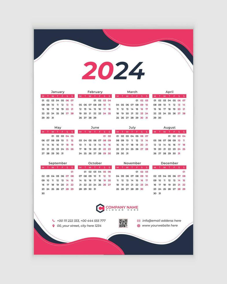 Mauer Kalender 2024 mit Urlaub, drucken bereit, kostenlos Vektor