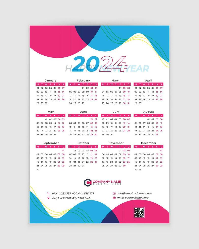 Mauer Kalender 2024, 2024 Kalender, einer Seite Kalender Design, Kalender 2024, Kalender Design mit Urlaub vektor