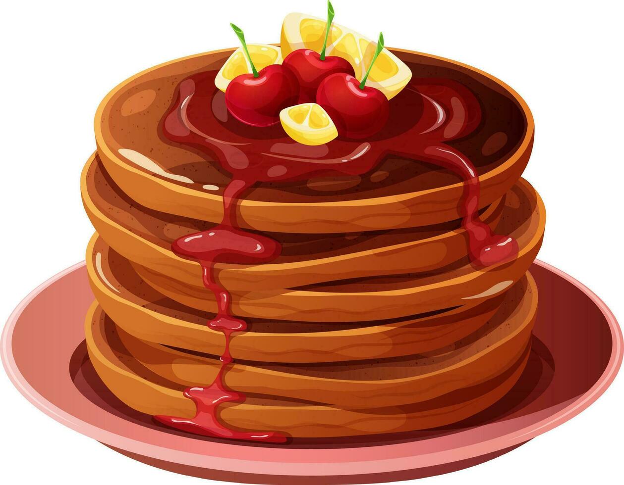 Stapel von Schokolade Pfannkuchen mit Obst gegossen mit Sirup. Vektor Illustration zum Pfannkuchen Tag und Frühstück im Karikatur Stil