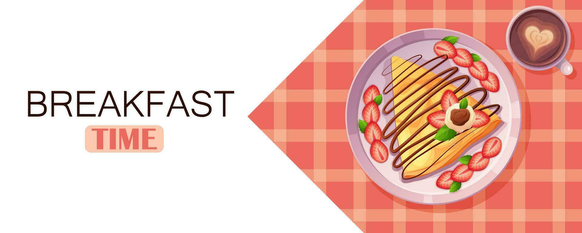 Banner zum Werbung Frühstück Zeit mit Pfannkuchen. Tischdecke, Pfannkuchen gegossen mit Schokolade und Erdbeeren, Tasse von Kaffee mit Milch Herz vektor