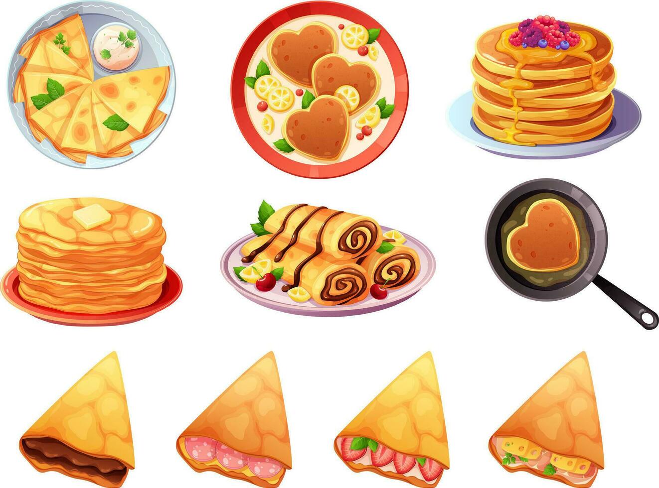uppsättning av utsökt pannkakor med olika fyllning, choklad, bär, sirap, honung, sur grädde. vektor illustration av frukost i tecknad serie stil
