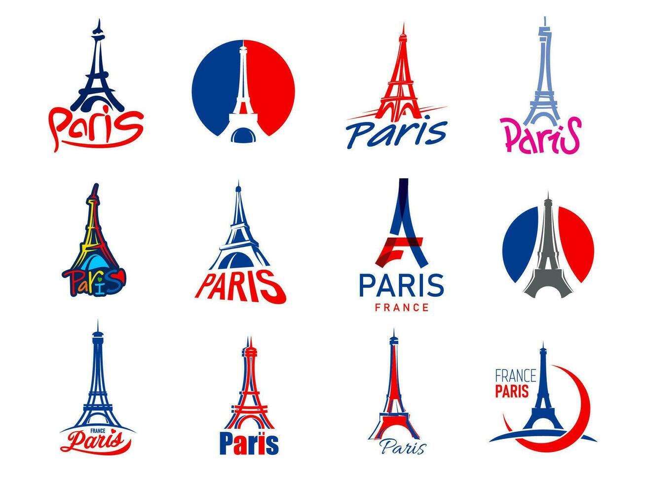 paris eiffel torn ikoner, Frankrike flagga resa bricka vektor
