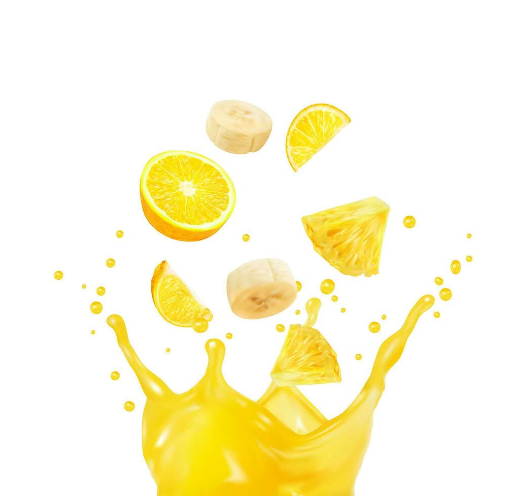 gul frukt juice blanda stänk av orange, ananas vektor