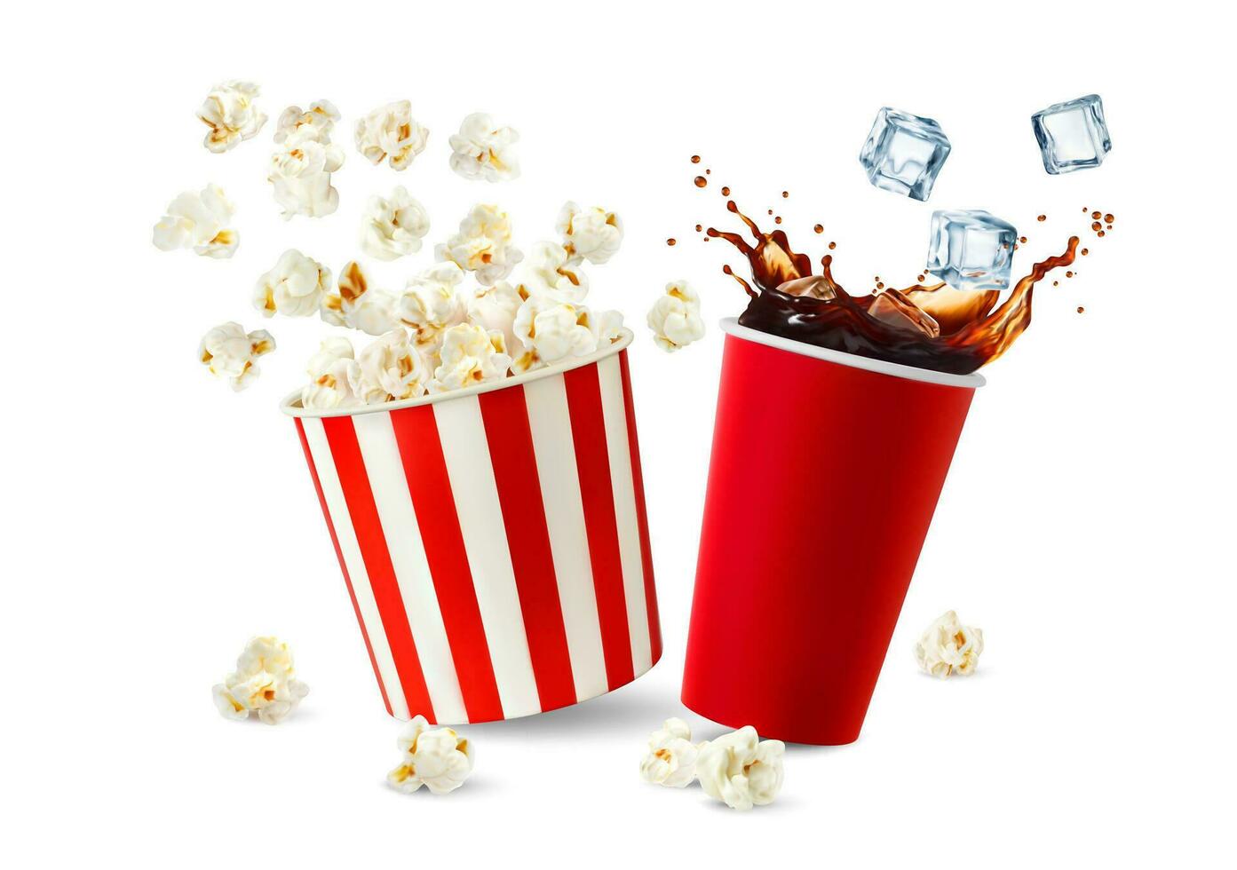 film bio popcorn hink, cola dryck kopp stänk vektor