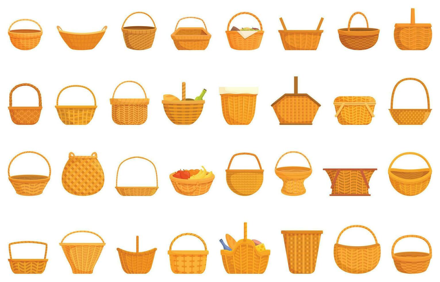 korg- korg ikoner uppsättning tecknad serie vektor. picknick mellanmål korg- vektor
