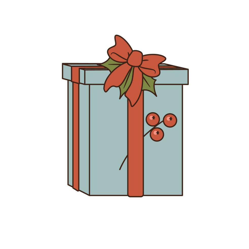isoliert Vektor Weihnachten Blau Geschenk Box mit Ast von Stechpalme Beeren und Bogen. Element von Weihnachten und Neu Jahr Dekoration