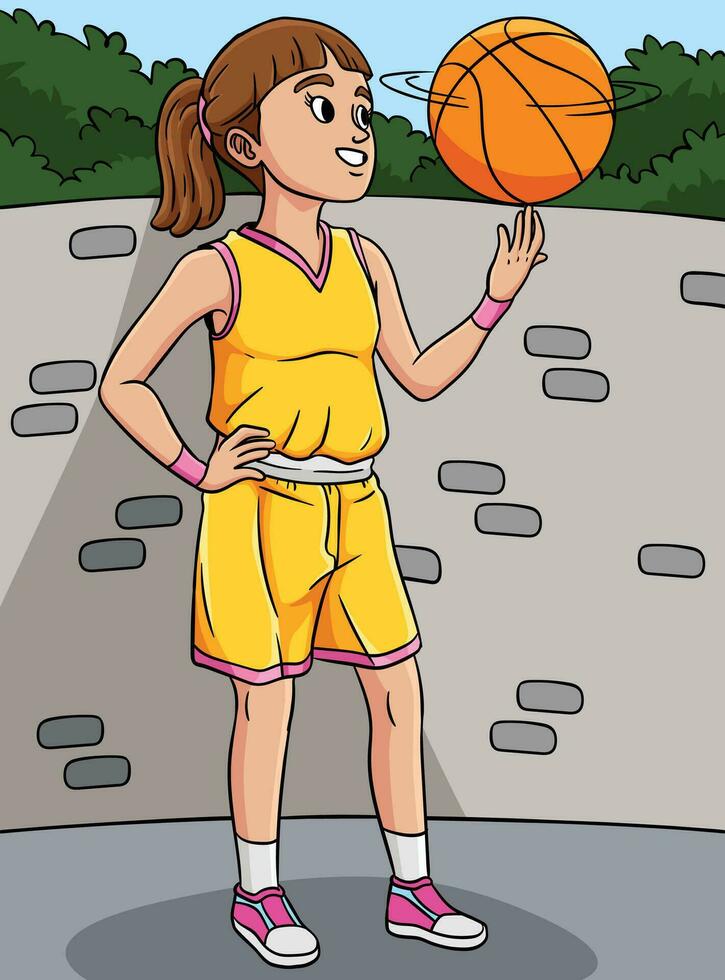 Basketball Mädchen Spinnen das Ball farbig Karikatur vektor