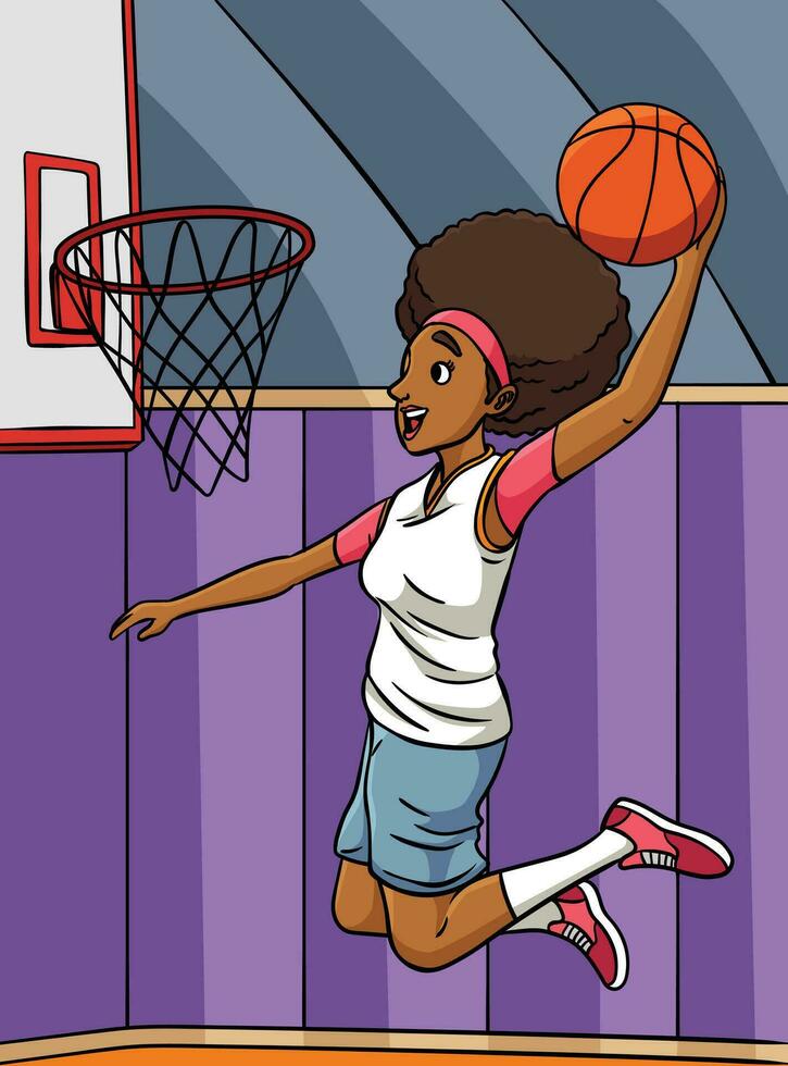 Basketball Mädchen zuschlagen Dunk farbig Karikatur vektor