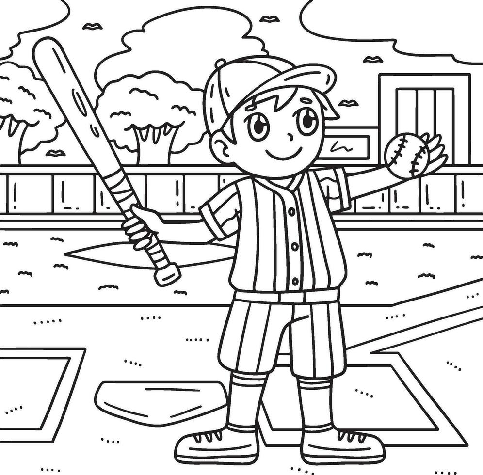 Junge mit ein Baseball Schläger Färbung Seite zum Kinder vektor