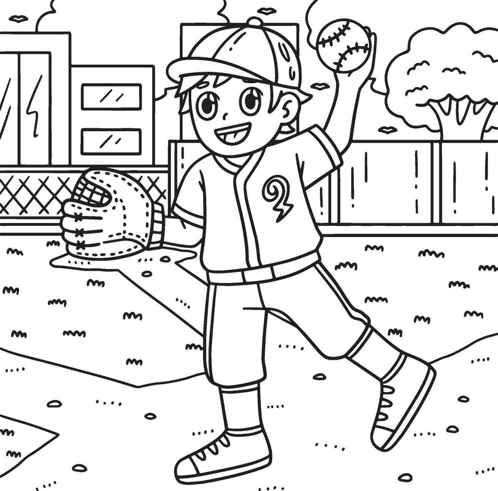 baseboll pojke pitching färg sida för barn vektor